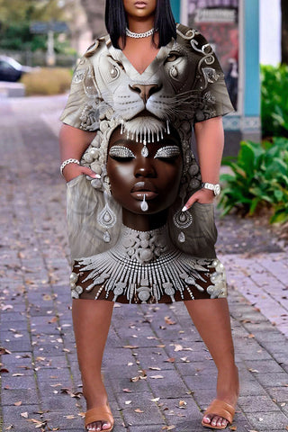 Casual Figure Print Pocket V Neck Short Sleeve Short Sleeve Dress