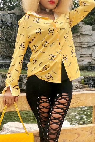 Pink Casual Letter Print Buttons Contrast Turndown Collar Tops Item NO.: WS131219-1