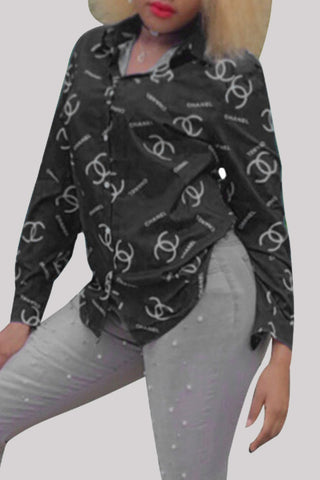 Pink Casual Letter Print Buttons Contrast Turndown Collar Tops Item NO.: WS131219-1