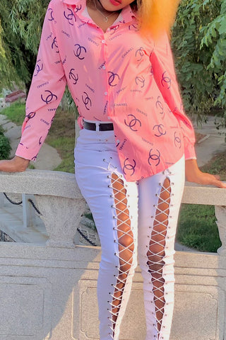 Pink Casual Letter Print Buttons Contrast Turndown Collar Tops Item NO.: WS131219-1