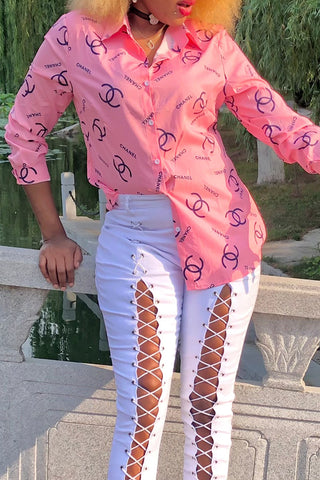 Pink Casual Letter Print Buttons Contrast Turndown Collar Tops Item NO.: WS131219-1