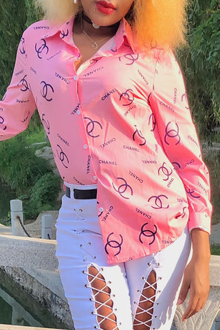 Pink Casual Letter Print Buttons Contrast Turndown Collar Tops Item NO.: WS131219-1