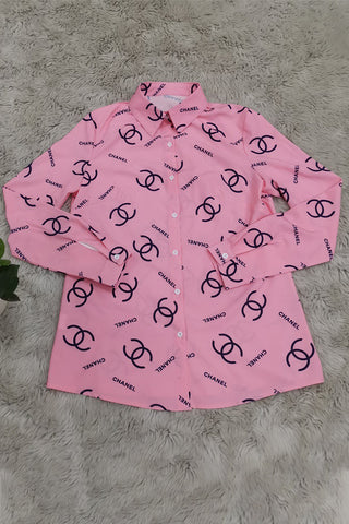 Pink Casual Letter Print Buttons Contrast Turndown Collar Tops Item NO.: WS131219-1