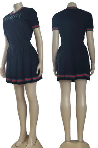 Black Elegant Letters Pleated Weave Contrast O Neck Short Sleeve Two Pieces