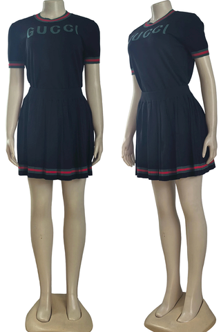 Black Elegant Letters Pleated Weave Contrast O Neck Short Sleeve Two Pieces