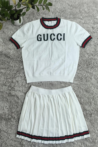 Black Elegant Letters Pleated Weave Contrast O Neck Short Sleeve Two Pieces