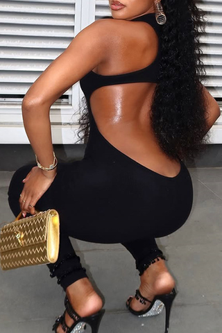 Black Sexy Solid Color Hollow Out O Neck Skinny Jumpsuits