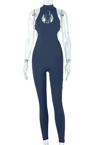 Black Sexy Solid Color Hollow Out O Neck Skinny Jumpsuits