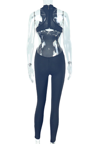 Black Sexy Solid Color Hollow Out O Neck Skinny Jumpsuits