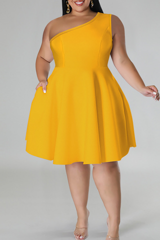 Yellow Casual Solid Color Patchwork Oblique Collar A Line Plus Size Dresses