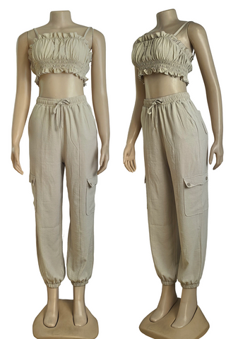 Cream White Sexy Solid Color Draw String Ruched Spaghetti Strap Sleeveless Two Pieces