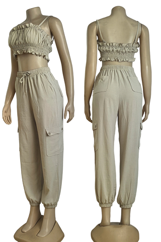 Cream White Sexy Solid Color Draw String Ruched Spaghetti Strap Sleeveless Two Pieces