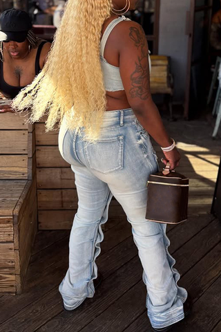 Blue Casual Solid Color Pocket Mid Waist Loose Denim Jeans