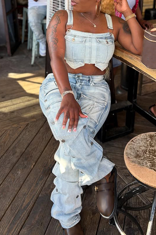 Blue Casual Solid Color Pocket Mid Waist Loose Denim Jeans