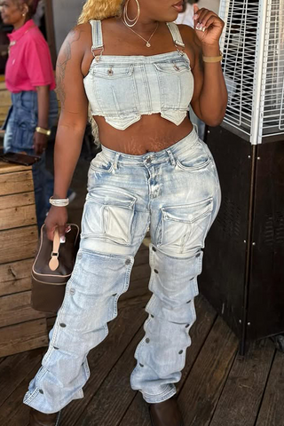 Blue Casual Solid Color Pocket Mid Waist Loose Denim Jeans