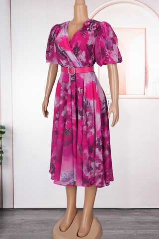 Pink Purple Elegant Print With Belt V Neck Long Plus Size Dresses