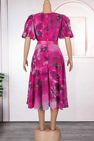 Pink Purple Elegant Print With Belt V Neck Long Plus Size Dresses