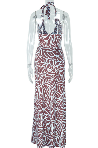 Burgundy Sexy Print Backless Spaghetti Strap Long Dresses