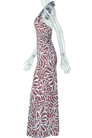 Burgundy Sexy Print Backless Spaghetti Strap Long Dresses