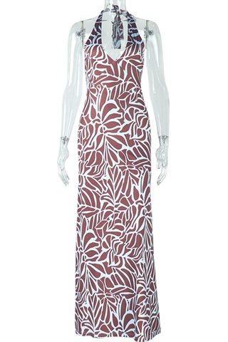 Burgundy Sexy Print Backless Spaghetti Strap Long Dresses