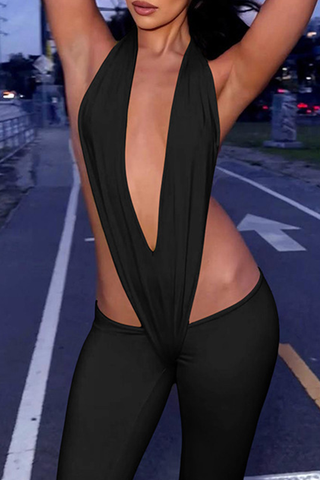 Yellow Sexy Solid Color Backless Deep V Neck Skinny Jumpsuits