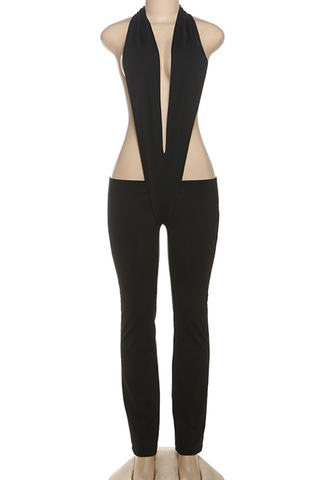 Yellow Sexy Solid Color Backless Deep V Neck Skinny Jumpsuits