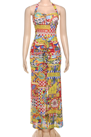 Yellow Sexy Print Backless High Slit Strap Design Halter Long Dresses