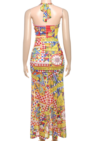 Yellow Sexy Print Backless High Slit Strap Design Halter Long Dresses