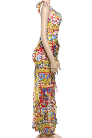 Yellow Sexy Print Backless High Slit Strap Design Halter Long Dresses