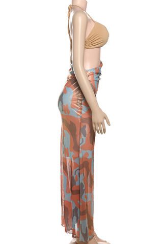 Orange Sexy Print Hollow Out Halter Long Dresses