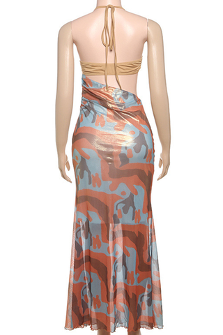 Orange Sexy Print Hollow Out Halter Long Dresses