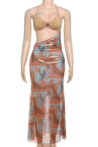 Orange Sexy Print Hollow Out Halter Long Dresses