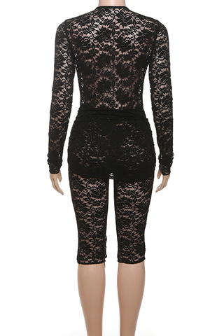 Black Sexy Solid Color Lace Ruched Deep V Neck Skinny Jumpsuits