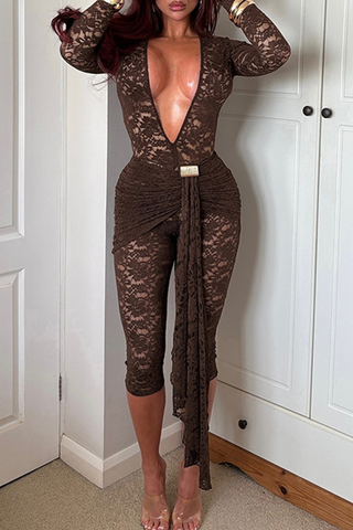 Black Sexy Solid Color Lace Ruched Deep V Neck Skinny Jumpsuits