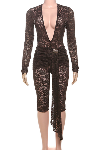 Black Sexy Solid Color Lace Ruched Deep V Neck Skinny Jumpsuits