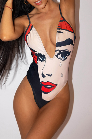 Red Sexy Print Patchwork Swimwears