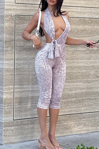 Purple Sexy Print Backless Deep V Neck Sleeveless Two Pieces