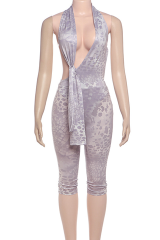 Purple Sexy Print Backless Deep V Neck Sleeveless Two Pieces