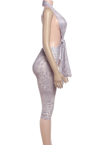 Purple Sexy Print Backless Deep V Neck Sleeveless Two Pieces