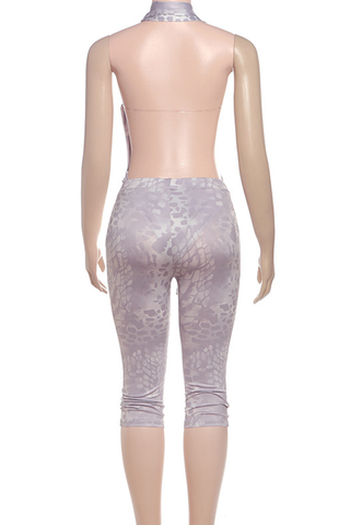 Purple Sexy Print Backless Deep V Neck Sleeveless Two Pieces