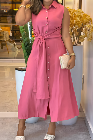 Pink Casual Solid Color Buckle Strap Design Turndown Collar Long Dresses