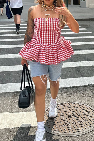 Red Sexy Plaid Backless Strapless Tops