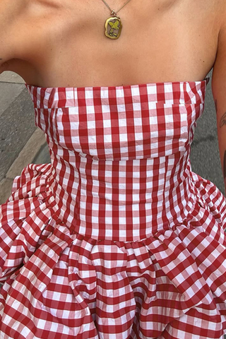 Red Sexy Plaid Backless Strapless Tops