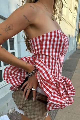 Red Sexy Plaid Backless Strapless Tops