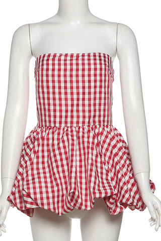 Red Sexy Plaid Backless Strapless Tops