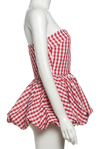 Red Sexy Plaid Backless Strapless Tops