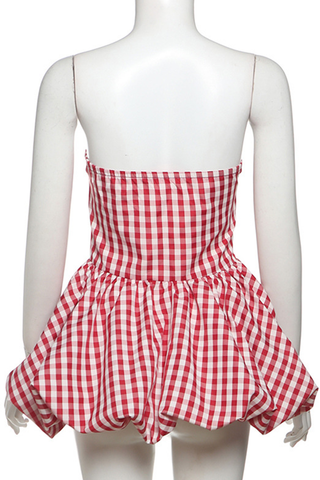 Red Sexy Plaid Backless Strapless Tops
