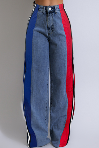 Blue Red Casual Contrast Mid Waist Loose Denim Jeans