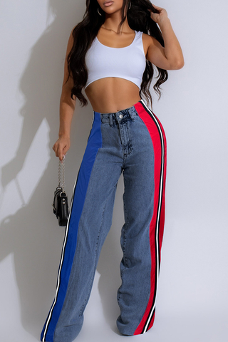Blue Red Casual Contrast Mid Waist Loose Denim Jeans