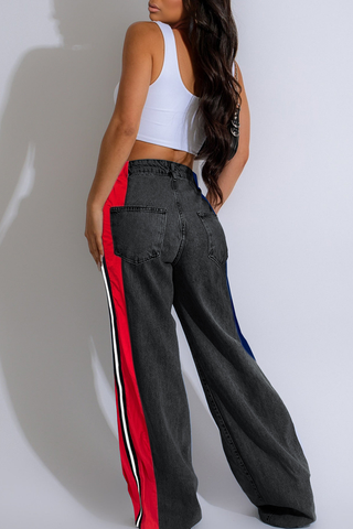 Blue Red Casual Contrast Mid Waist Loose Denim Jeans